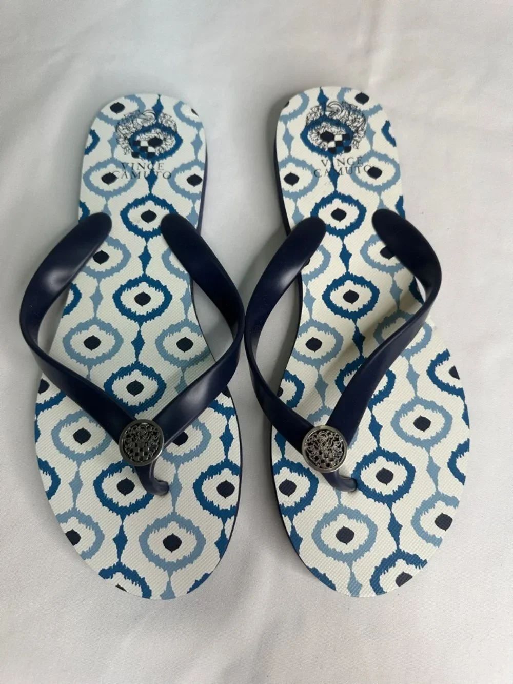 Vince Camuto Navy and Blue Patterned Thong Sandals with Medallion